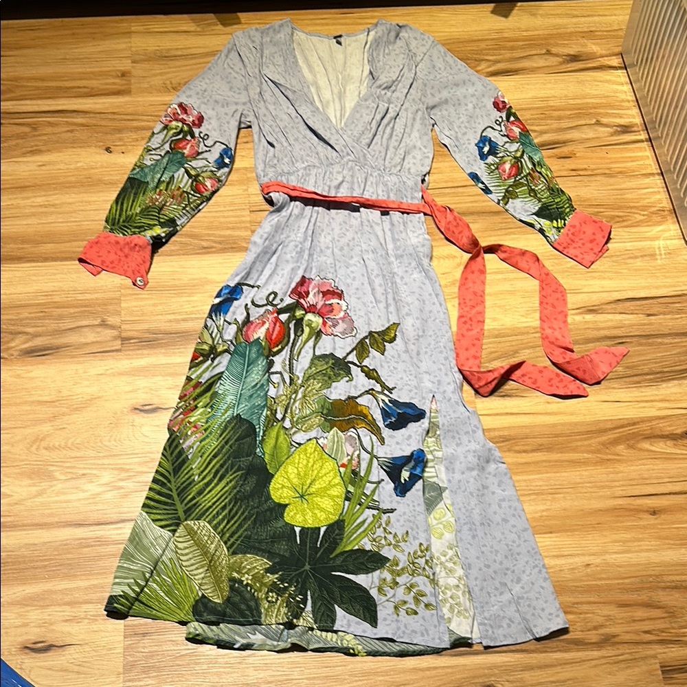 Blue Sundress with V-Neck and 3/4 Bishop Sleeves